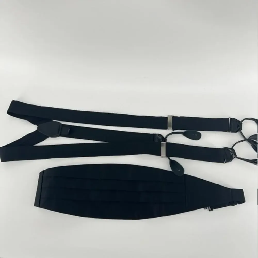 Indochino Wool Cashmere Tuxedo Suit Cumberbund Suspenders Black 50R 46x30 Formal